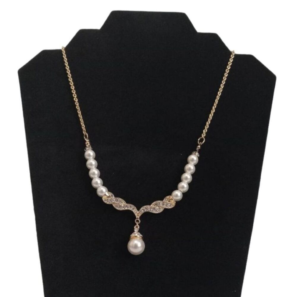 Monet Gold Toned and White Faux Pearl Rhinestone Encrusted Statement Necklace